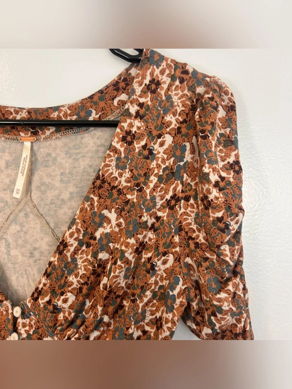 Free People Brown Disty Floral V-neck Short Puff Sleeve Button Front Top Size XS